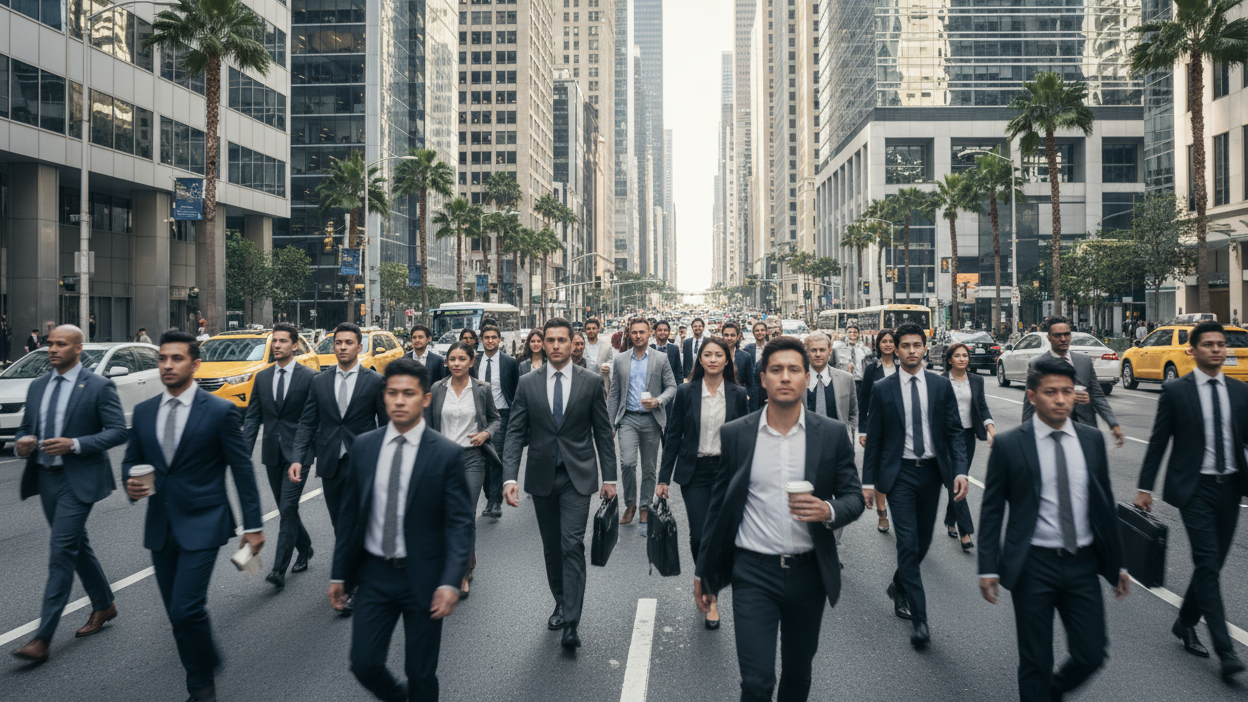 Group of people in business attire walking through a city street with tall buildings and palm trees.