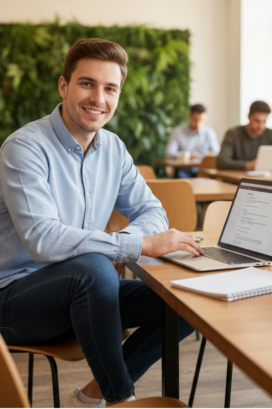 Man sitting at a table with a laptop in a classroom setting