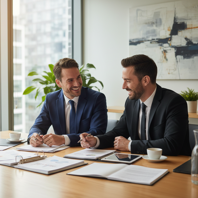 Two businessmen in suits sitting at a conference table with documents, smiling and engaged in conversation.